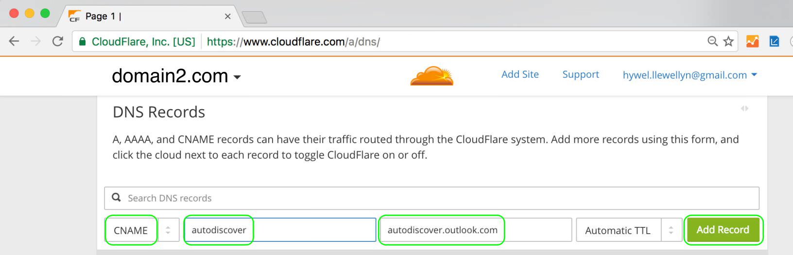 5.2 CloudFlare add a CNAME record for outlook autodiscover as shown remember to click Add Record